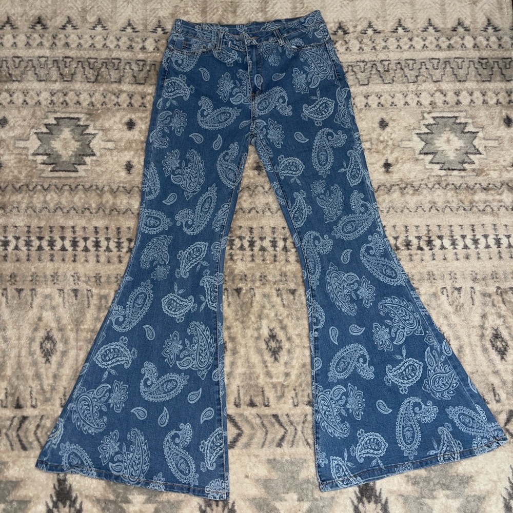 SHEIN flare western print blue jeans